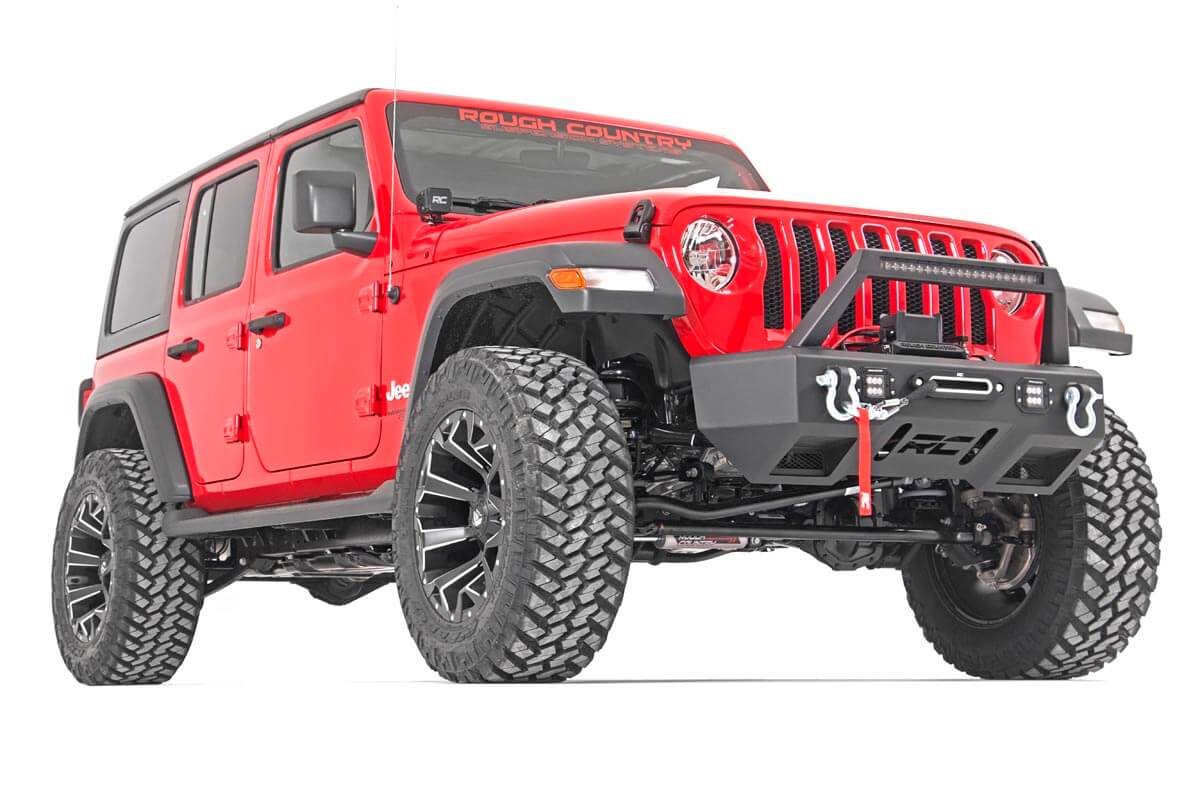 Jeep Wrangler Suspension Lift Kit - Front + Rear - Rough Country - 3.5 Inch, Adjustable Lower Control Arms, M1 Monotube Shocks, Tuned Linear-Rate Coil Springs - '18-'23